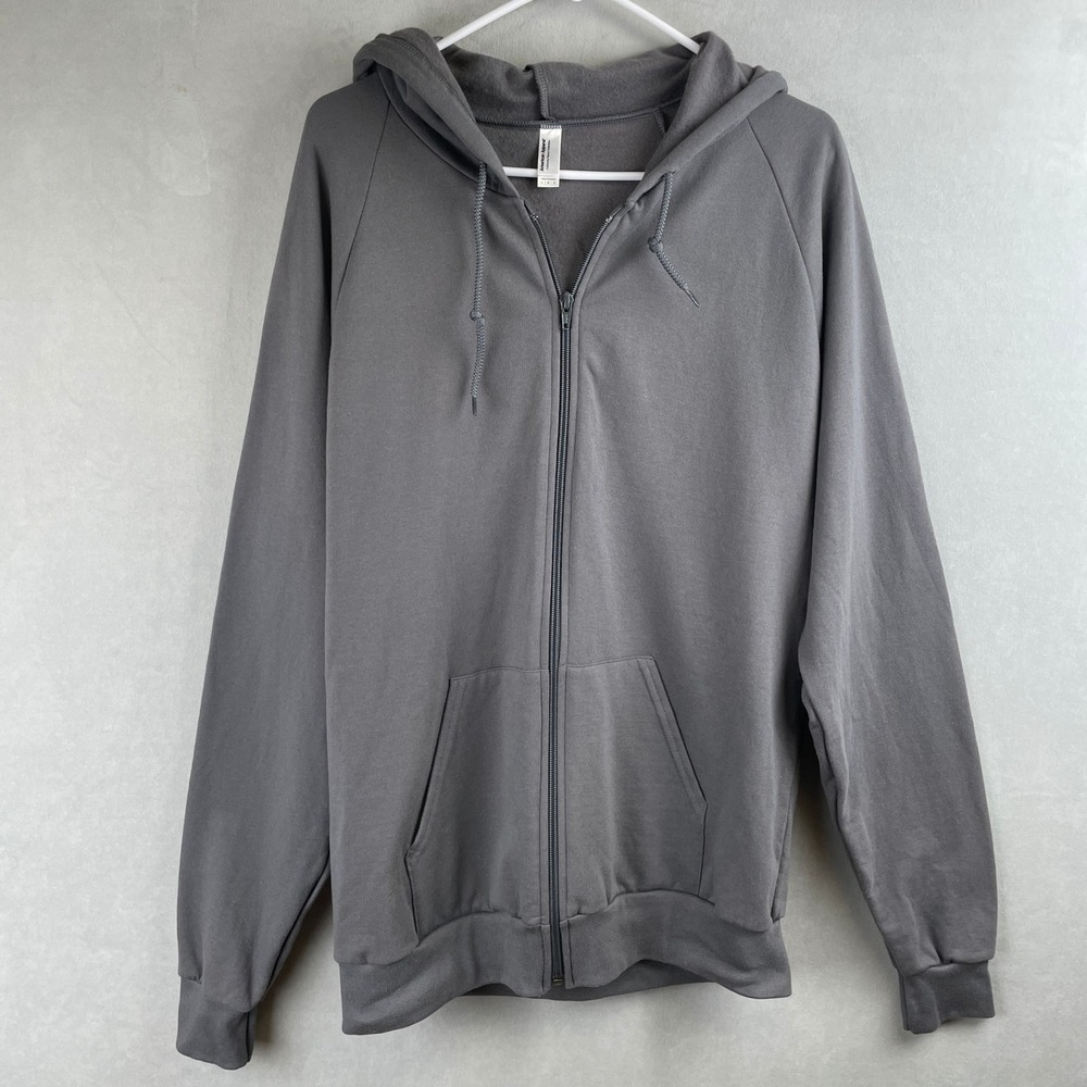 American Apparel California Fleece Zip Up Hoodie Mens L Grey Cotton Raglan Norm